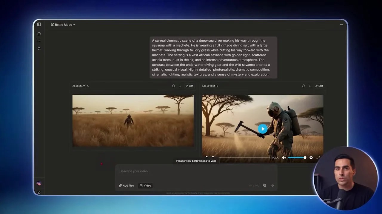 Video Battle Mode interface showing two generated video outputs for comparison.