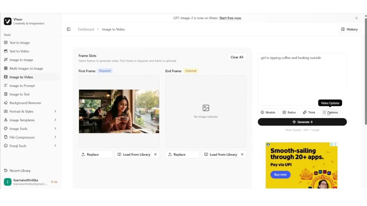 Vir AI setting dashboard displaying custom video duration and generation options