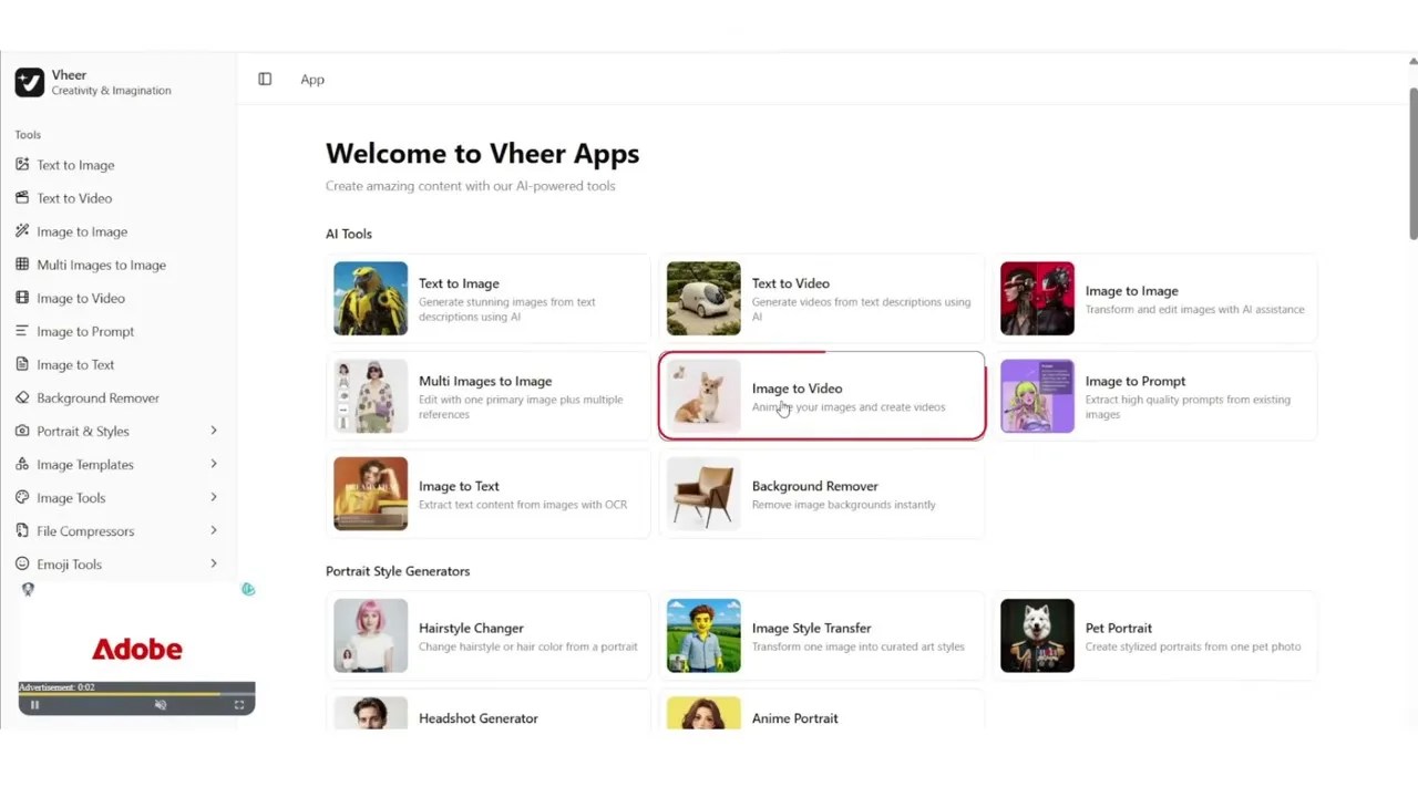 Vir AI web interface options including image-to-video mode