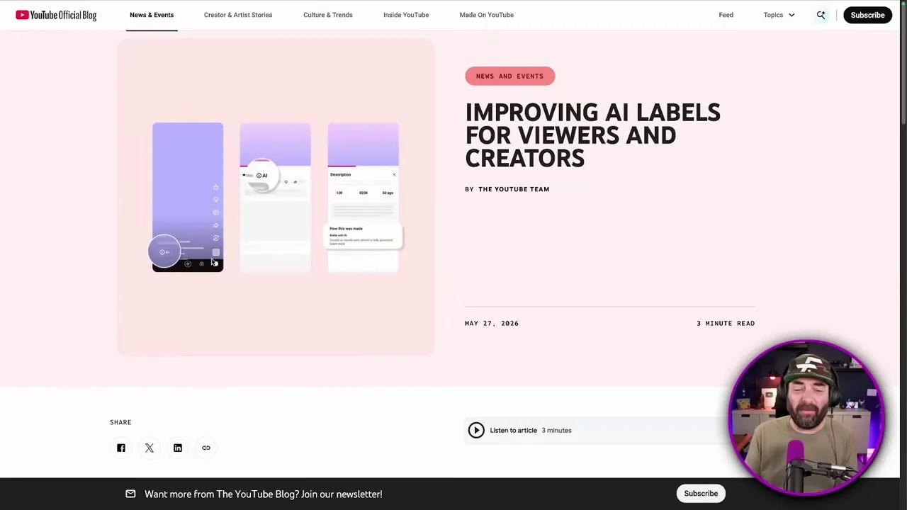 YouTube AI content disclosure label on long-form and Shorts